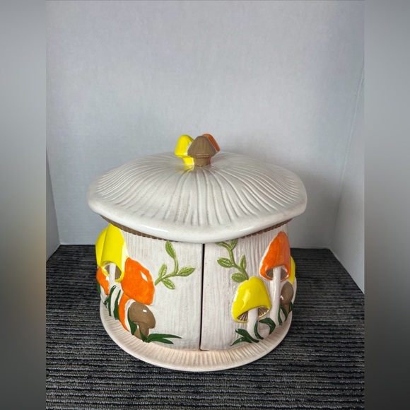 Vtg 1974 Arnels 3D Mushroom Divided 4 Canister Lazy Susan W/Lid & Tray-Ceramic - Picture 4 of 16